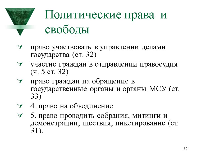 15 Политические права  и свободы право участвовать в управлении делами государства (ст. 32)